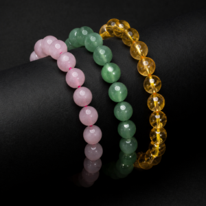 Vedic Om 3 Bracelet Combo Set – Natural Rose Quartz, Green Aventurine & Citrine Crystal Bracelet | Love, Wealth & Prosperity Healing Stones | Stretch Beaded Bracelet for Men & Women | 8mm