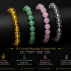 4 Bracelet Combo Set – Natural Citrine, Green Aventurine, Rose Quartz & Clear Quartz Crystal Bracelet | Wealth, Luck, Love & Positive Energy | 8mm Stretch Bracelet for Men & Women