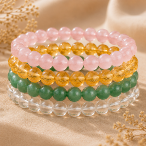 4 Bracelet Combo Set – Natural Rose Quartz, Citrine, Green Aventurine & Clear Quartz Crystal Bracelet | Love, Wealth, Luck & Positive Energy | 8mm Stretch Bracelet for Men & Women